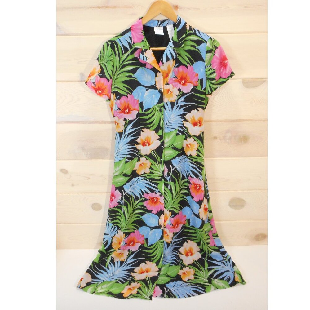 Emma James Tropical Shirt Dress Multicolor size 6P Petite Floral Short Sleeve